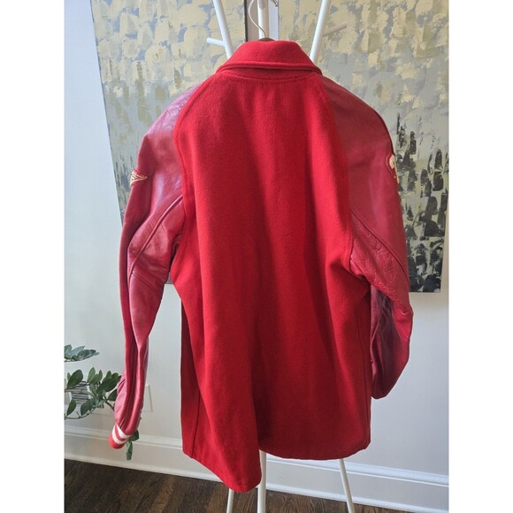 Vintage Men's Sz Large Red Varsity Letterman Leather Sleeves Bomber Jacket Coat - Picture 8 of 16